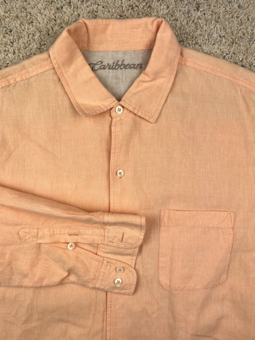 Caribbean Linen Blend Striped Orange Long Sleeve Button Up Shirt Men's Size XL